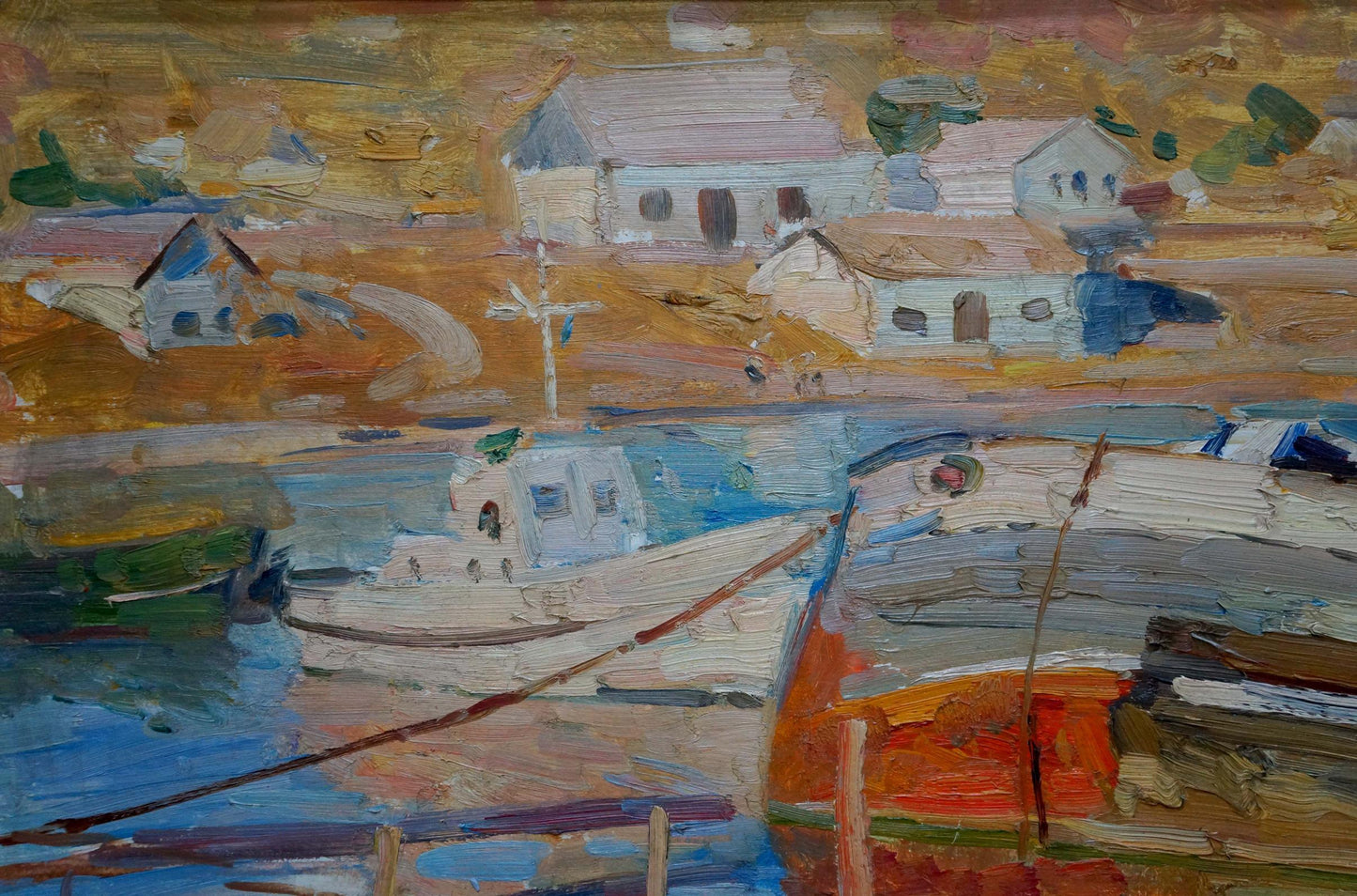Oil painting In Port Khodchenko by Lev Pavlovich: coastal village scene