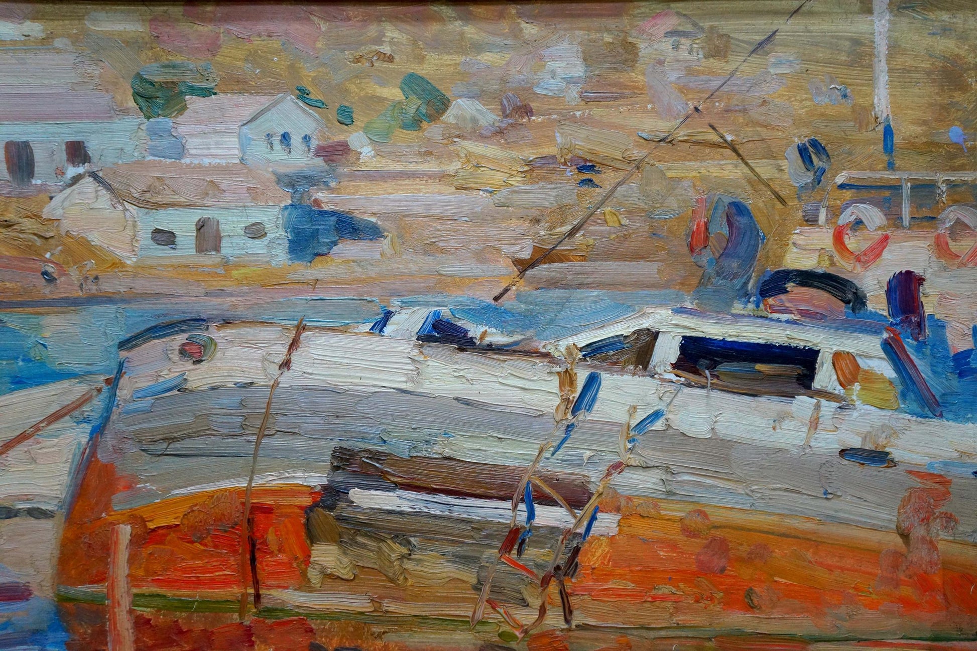 Impressionistic oil painting of white orange boat by Lev Pavlovich Khodchenko