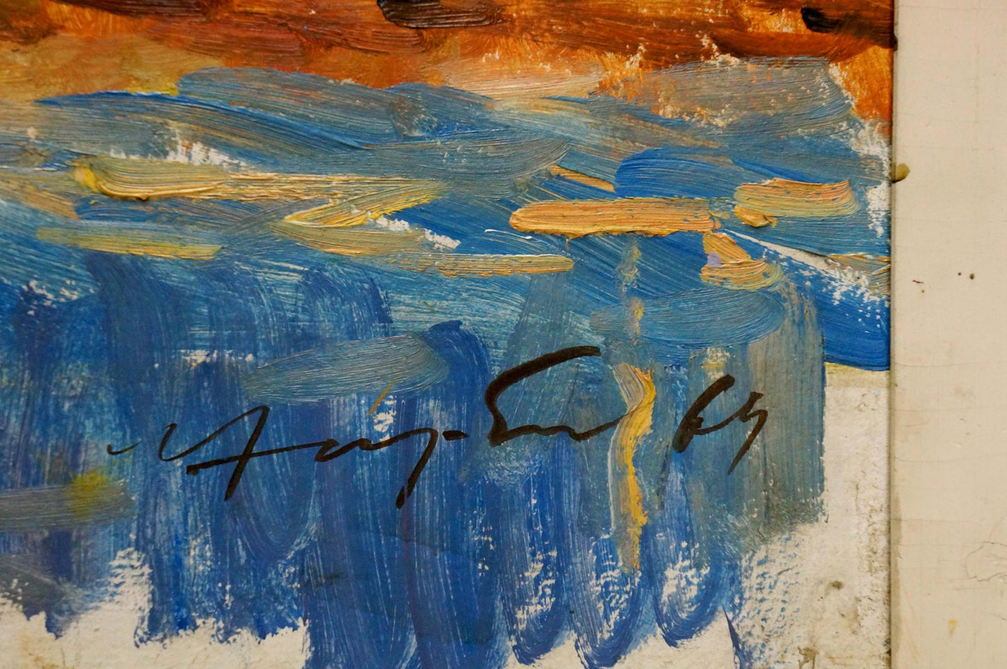 Oil painting In Port Khodchenko Lev Pavlovich abstract blue orange brushstrokes