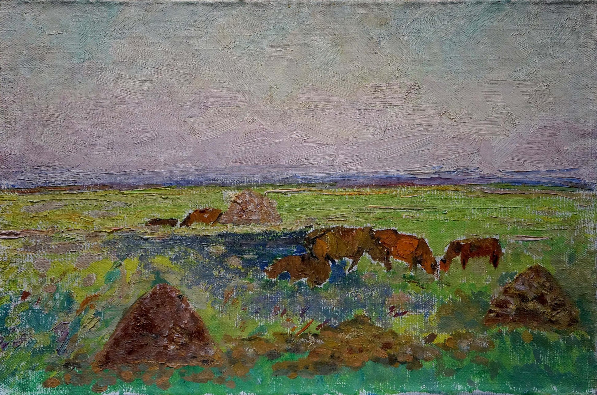 Textured oil painting by Sevastyanov Viktor Grigorievich of cattle grazing in green field