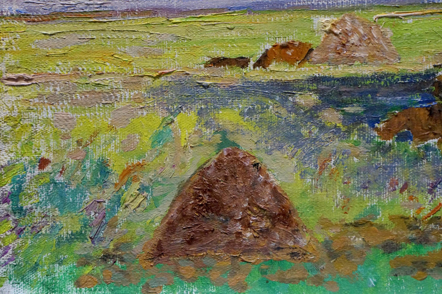 Oil painting by Sevastyanov Viktor Grigorievich: textured earth mound in green landscape