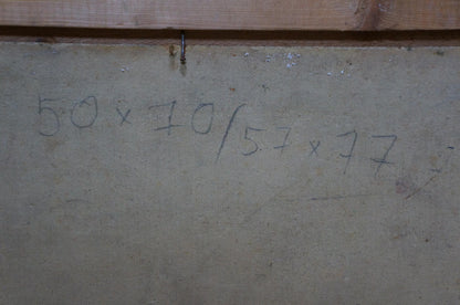 Back of Oil painting In Port Khodchenko Lev Pavlovich with handwritten 50 x 70 / 57 x 77 measurements on gray concrete wall
