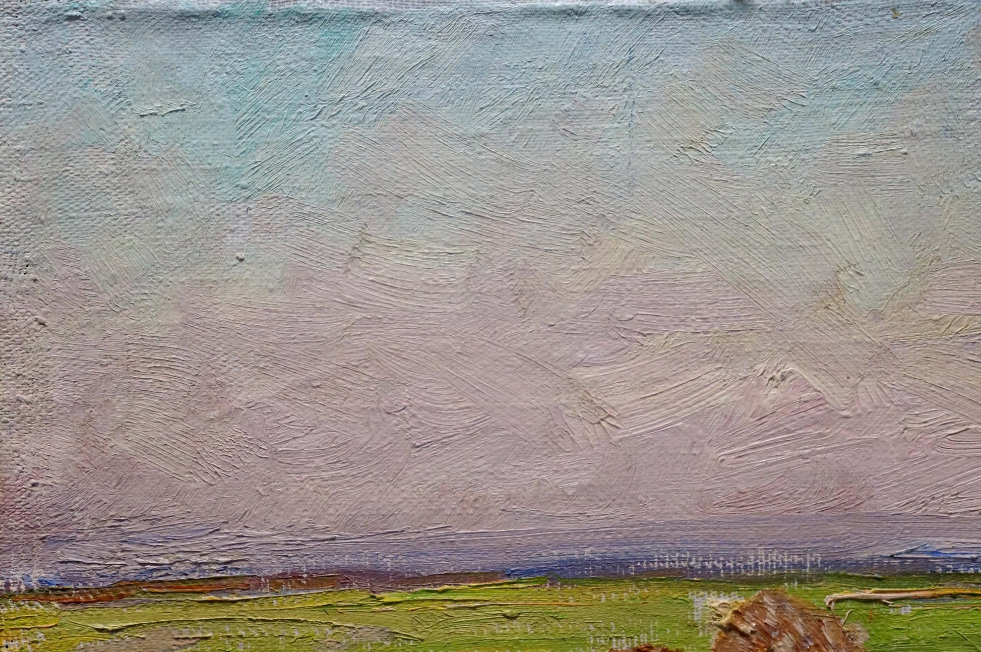 Textured oil painting by Sevastyanov Viktor Grigorievich of serene pastel skies, green fields, grazing animals