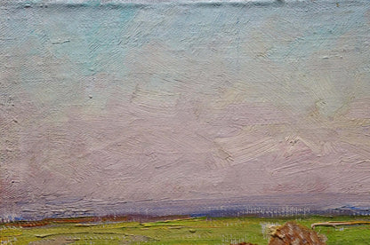 Textured oil painting by Sevastyanov Viktor Grigorievich of serene pastel skies, green fields, grazing animals