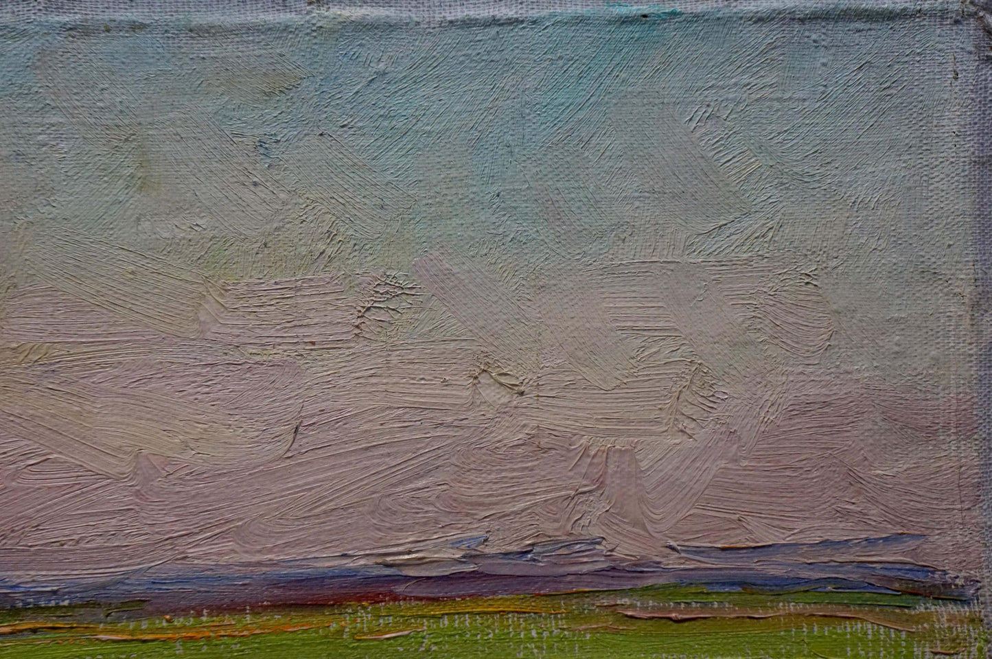 Textured oil painting by Sevastyanov Viktor Grigorievich of serene landscape with grazing animals, pastel skies, earthy tones
