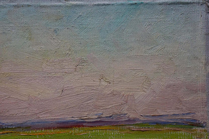 Textured oil painting by Sevastyanov Viktor Grigorievich of serene landscape with grazing animals, pastel skies, earthy tones