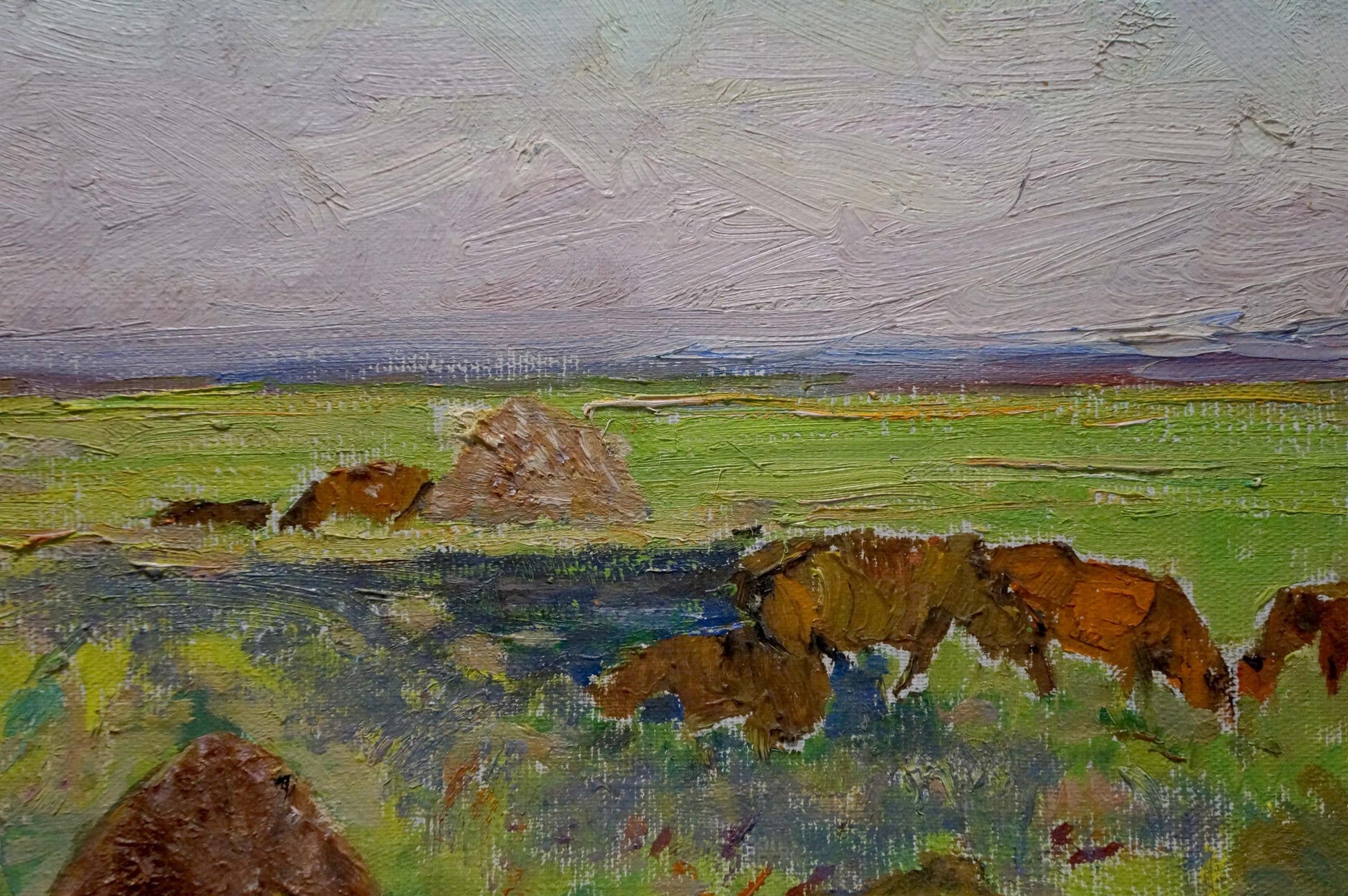 Oil painting by Sevastyanov Viktor Grigorievich: horses graze in field