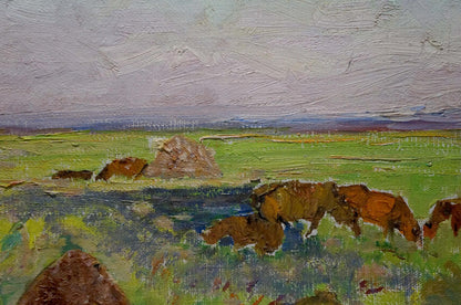 Oil painting by Sevastyanov Viktor Grigorievich: horses graze in field