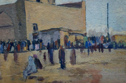 Textured impressionistic oil painting of bustling city marketplace by Bondarovich Anatoly Martynovich