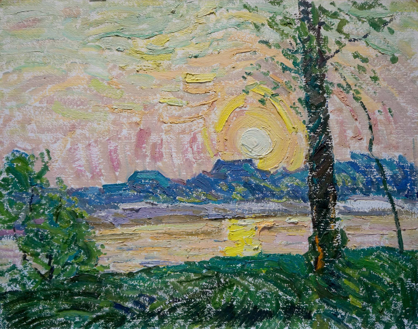 Vibrant oil painting of sunset over forest by Viktor Sevastyanov