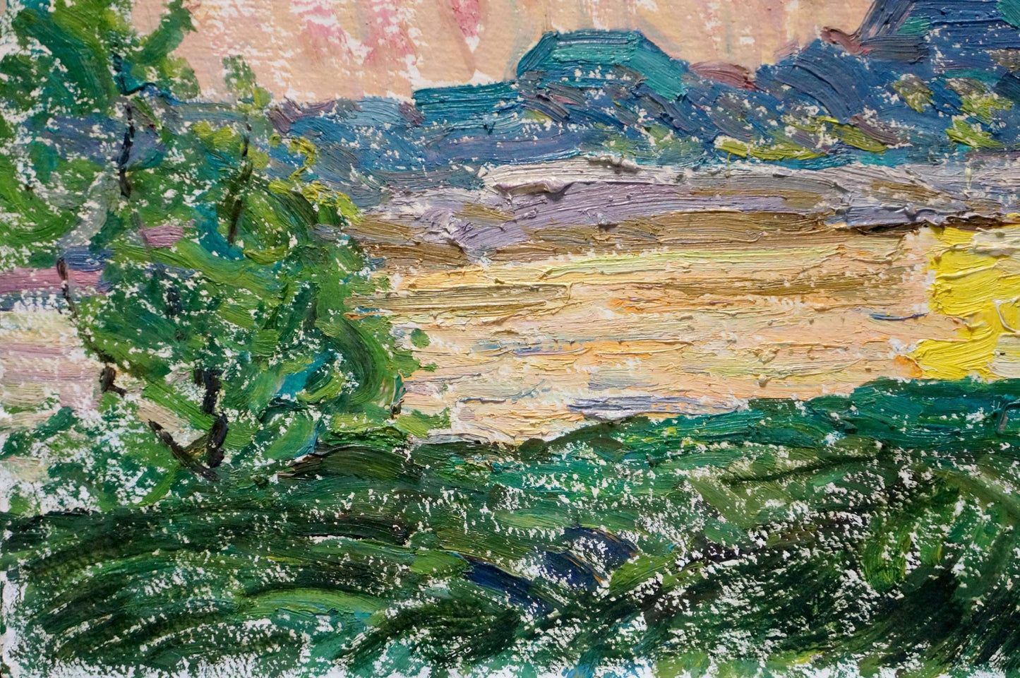 Vibrant Viktor Sevastyanov oil painting of sunset over textured forest landscape
