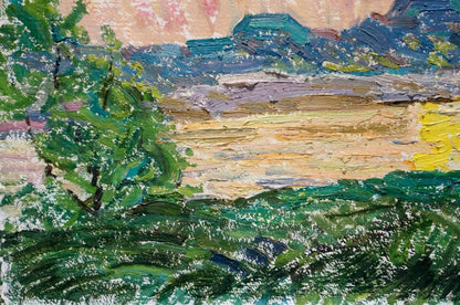 Vibrant Viktor Sevastyanov oil painting of sunset over textured forest landscape