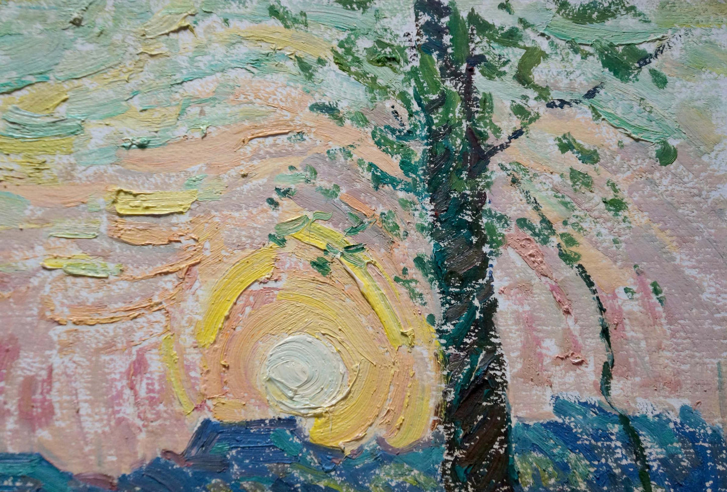 Vibrant oil painting of sunset over forest by Viktor Sevastyanov