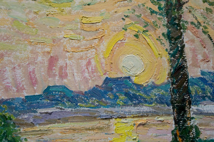Oil painting of sunset landscape over forest by Viktor Sevastyanov