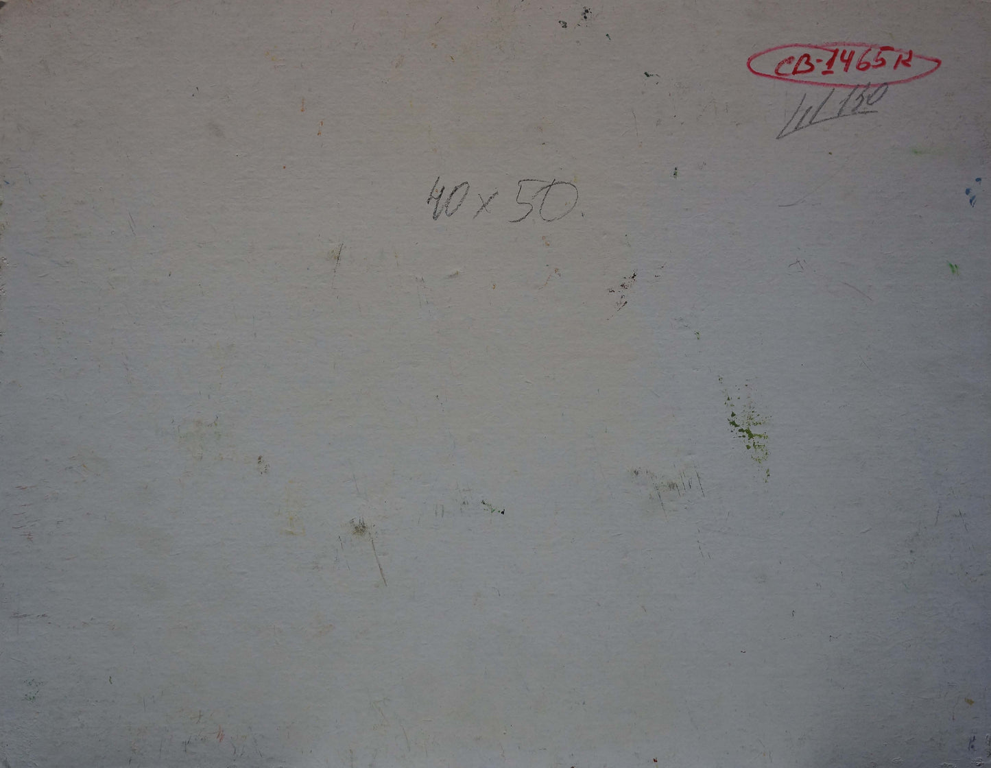 Back of Viktor Sevastyanov sunset forest oil painting with pencil marks and red stamp on off-white wall