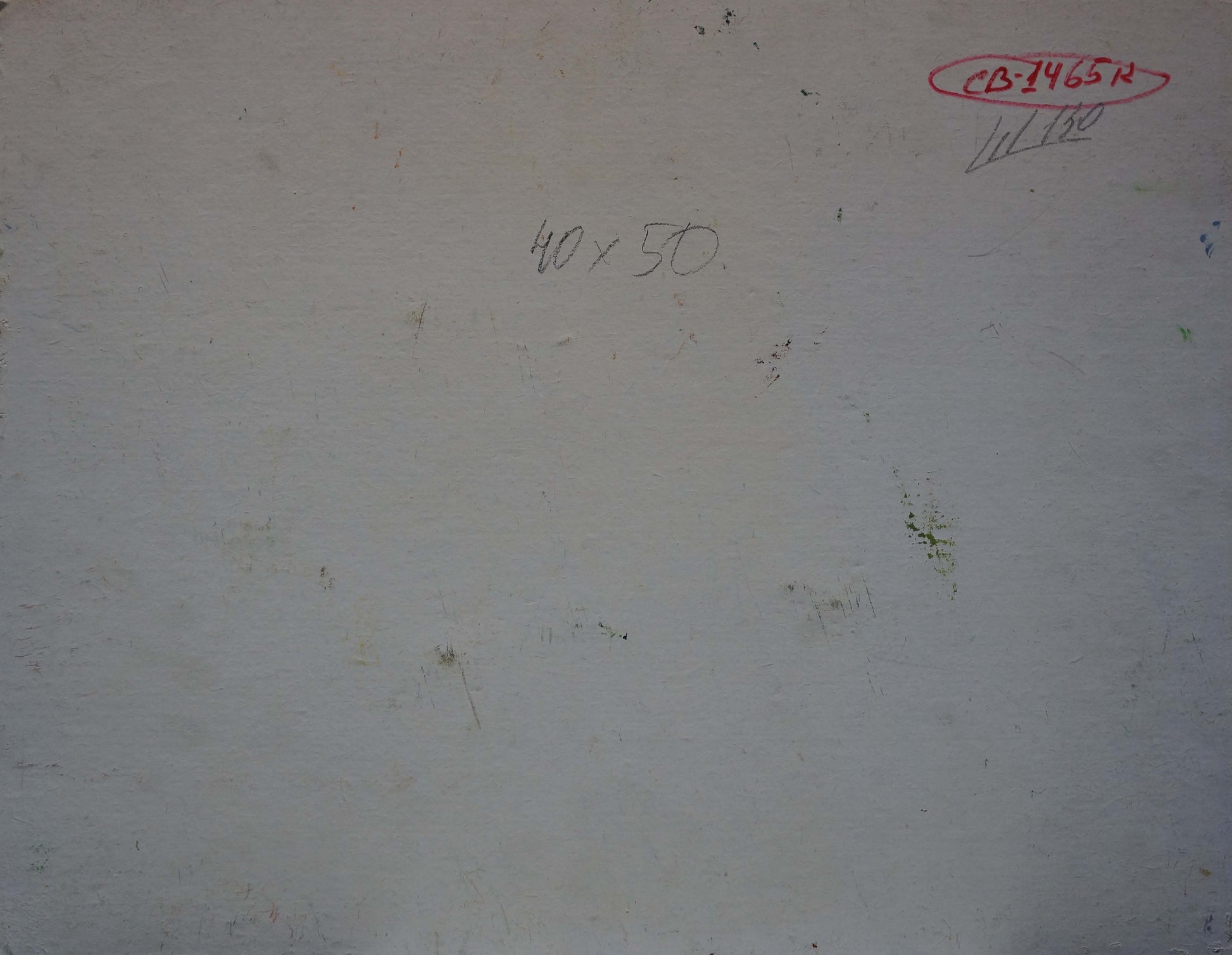 Back of Viktor Sevastyanov sunset forest oil painting with pencil marks and red stamp on off-white wall