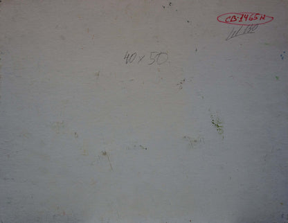 Back of Viktor Sevastyanov sunset forest oil painting with pencil marks and red stamp on off-white wall