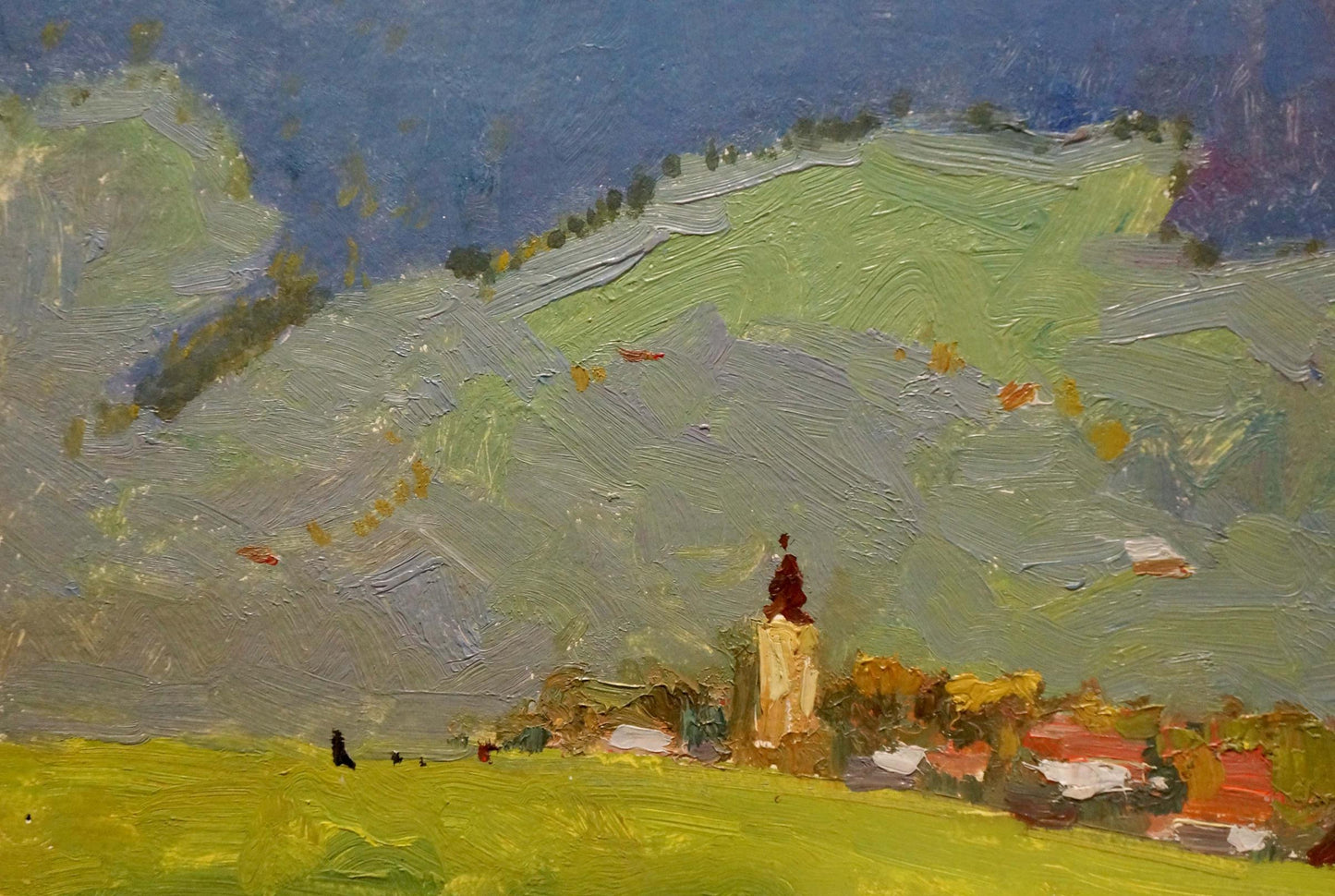 Oil painting of mountain landscape village with stone tower by Sevastyanov Viktor Grigorievich