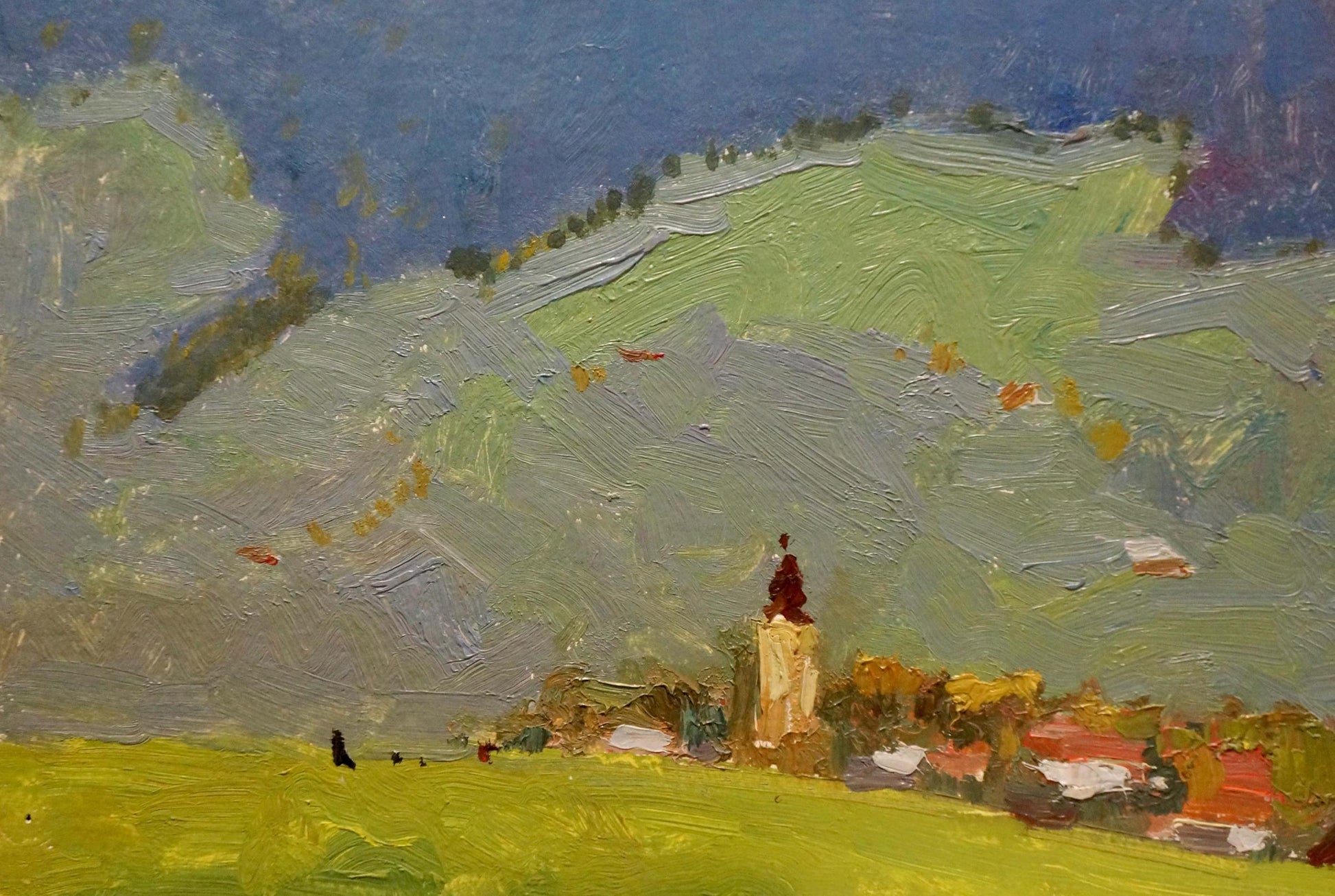 Oil painting of mountain landscape village with stone tower by Sevastyanov Viktor Grigorievich