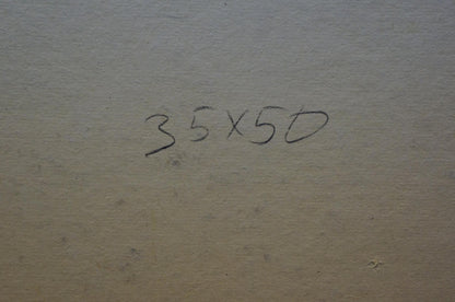 Handwritten ’35x50’’ in black ink on a textured, beige-colored surface.