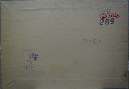 Back of Viktor Grigorievich Sevastyanov Spring landscape oil painting with beige canvas, handwritten markings and blue ink stamp
