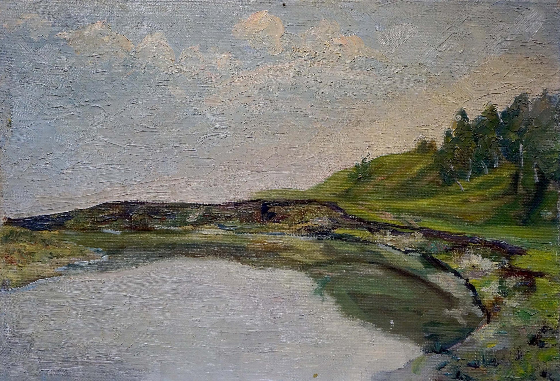 Oil painting Tender evening Gnatyuk V.S. serene green hills pond cloudy sky