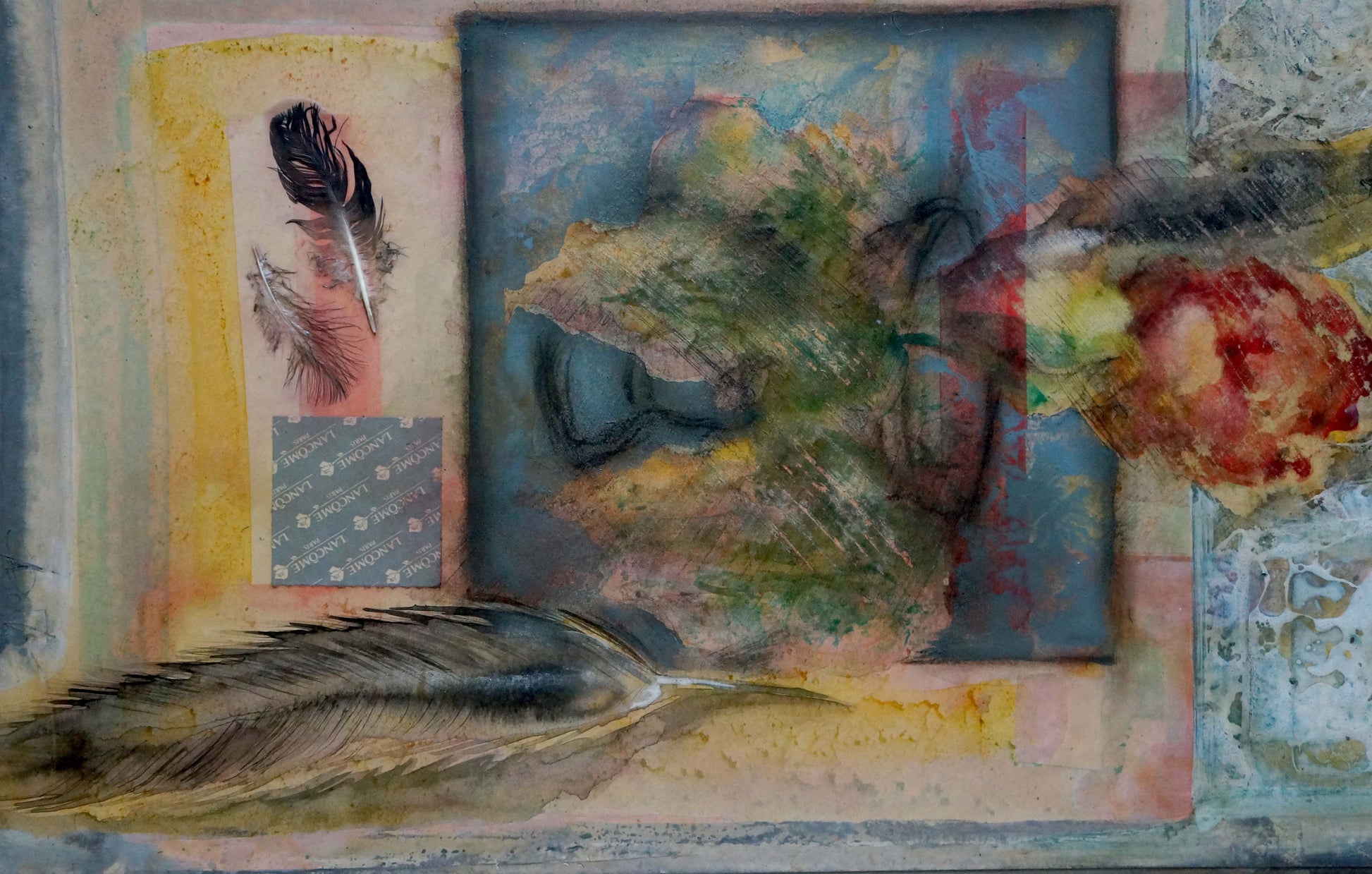 Abstract oil painting Still life Dobryy A with textured feather collage