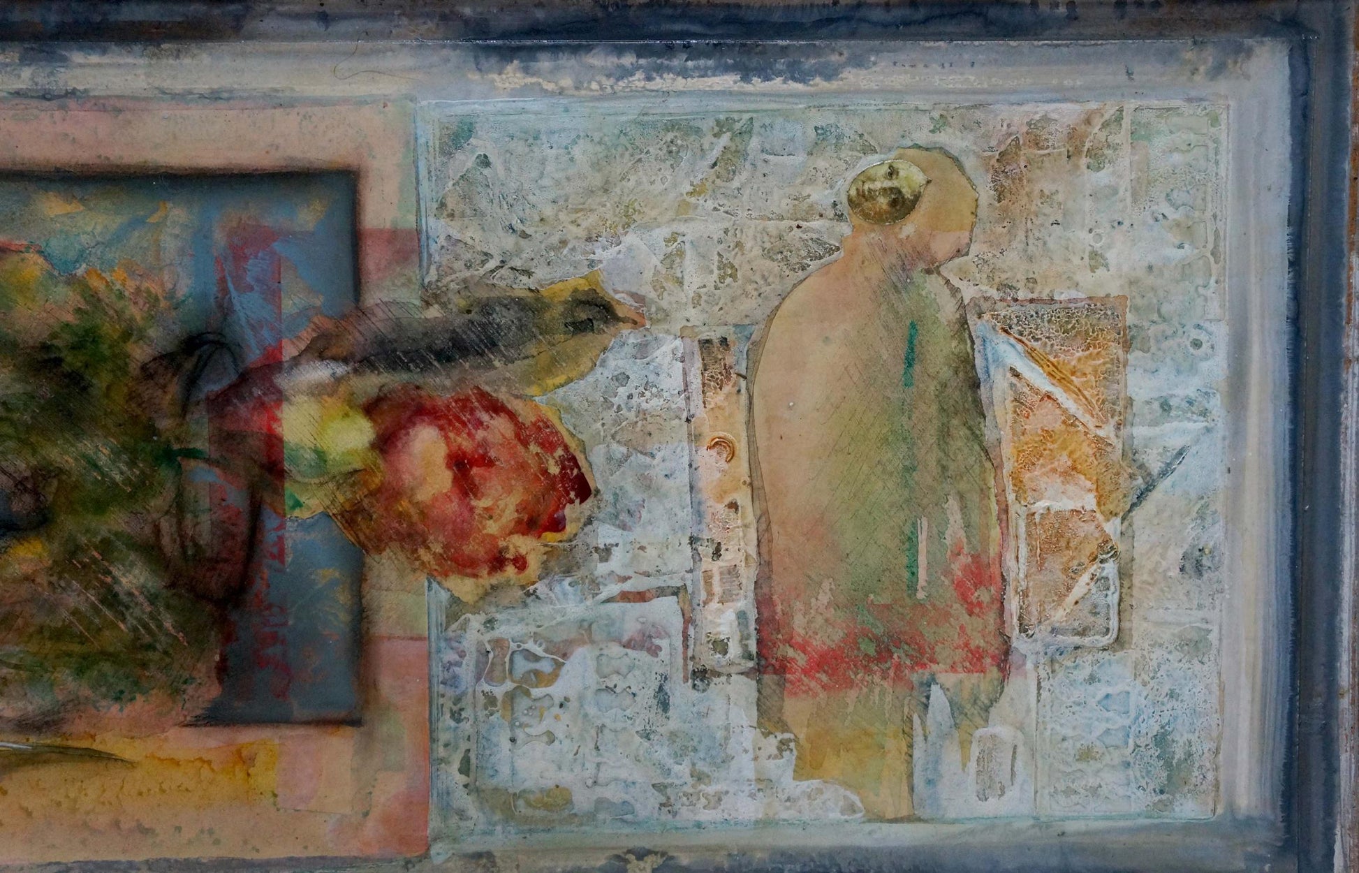 Abstract oil painting Still life Dobryy A with textured earth tones and red splashes