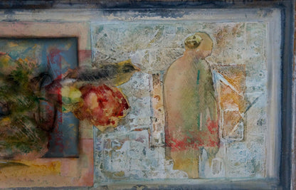 Abstract oil painting Still life Dobryy A with textured earth tones and red splashes