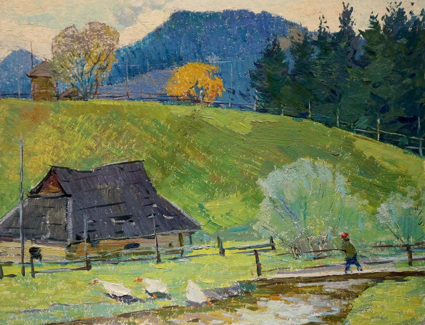Oil painting of rustic barn in green field by Sevastyanov Viktor Grigorievich