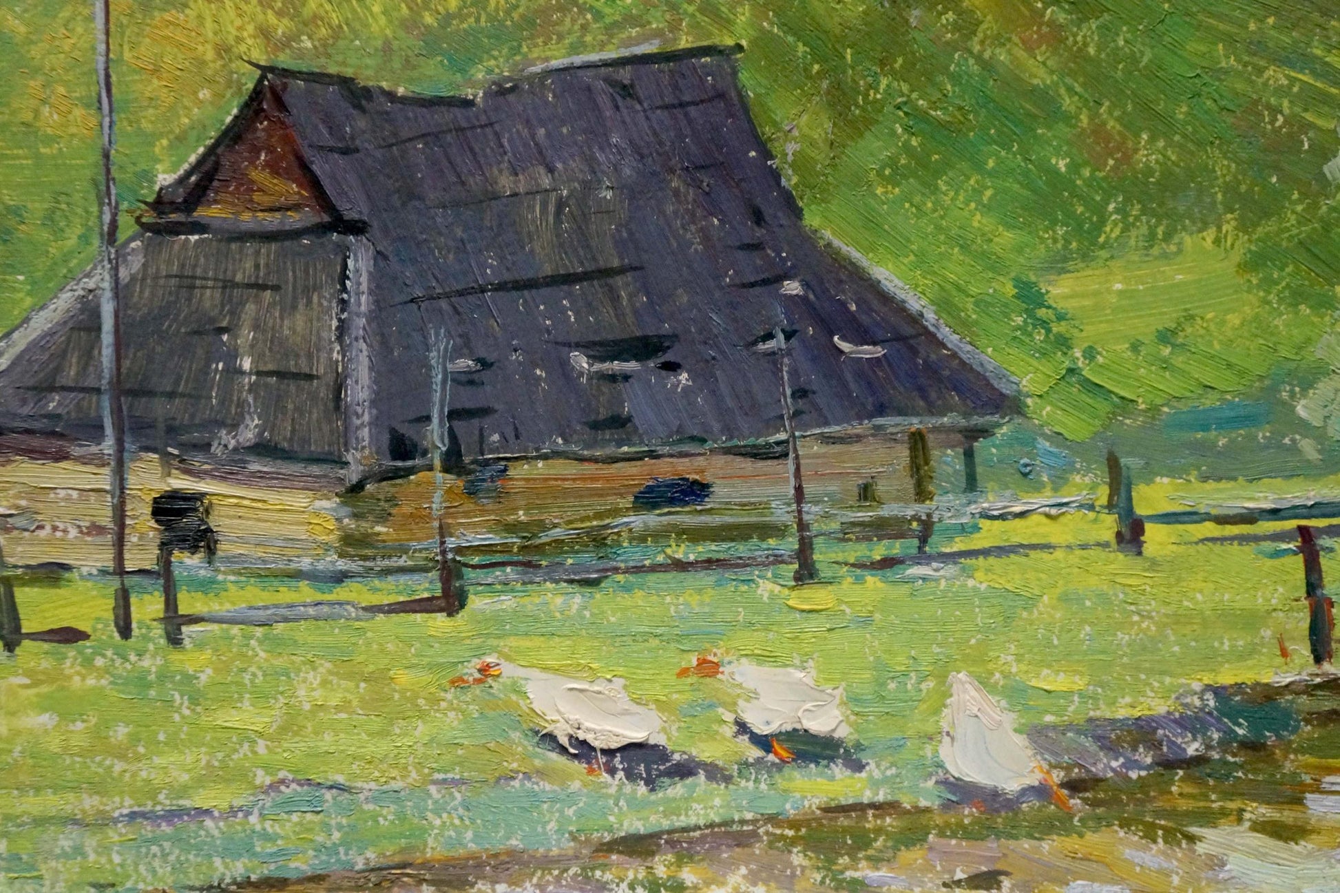 Oil painting Road to the Mountains by Sevastyanov Viktor Grigorievich: rustic gray thatched barn in green landscape