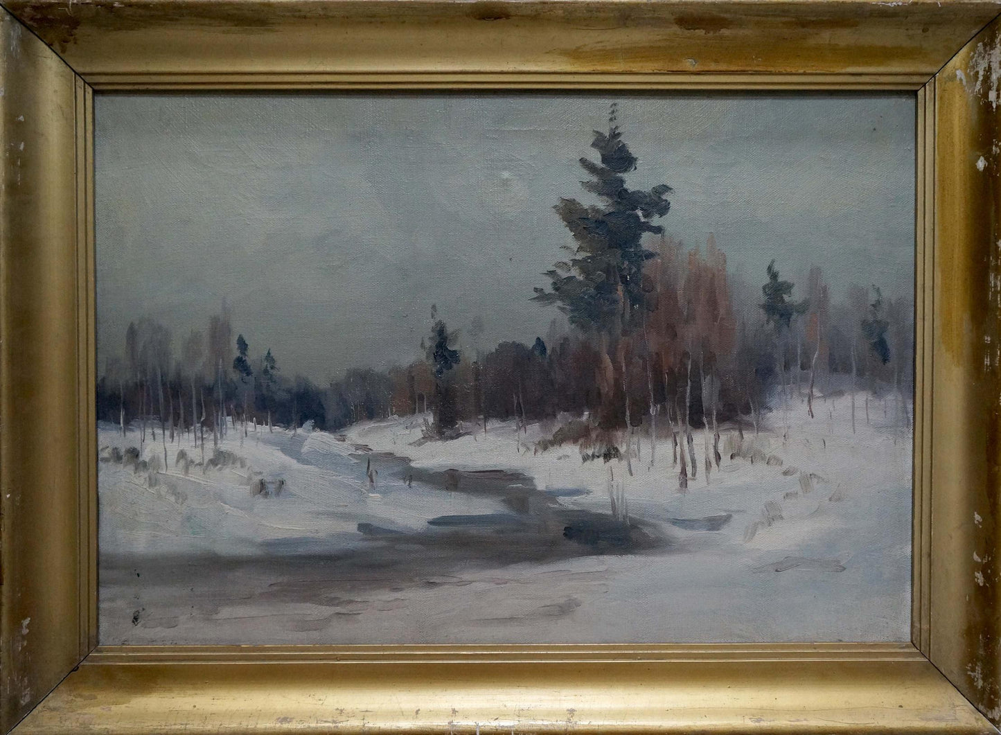 Oil painting of snowy winter landscape by Stavropol artist in gold frame