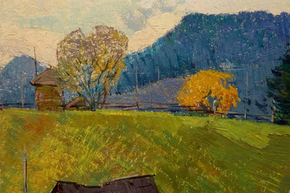 Oil painting of rustic cabin on road to mountains by Sevastyanov Viktor Grigorievich