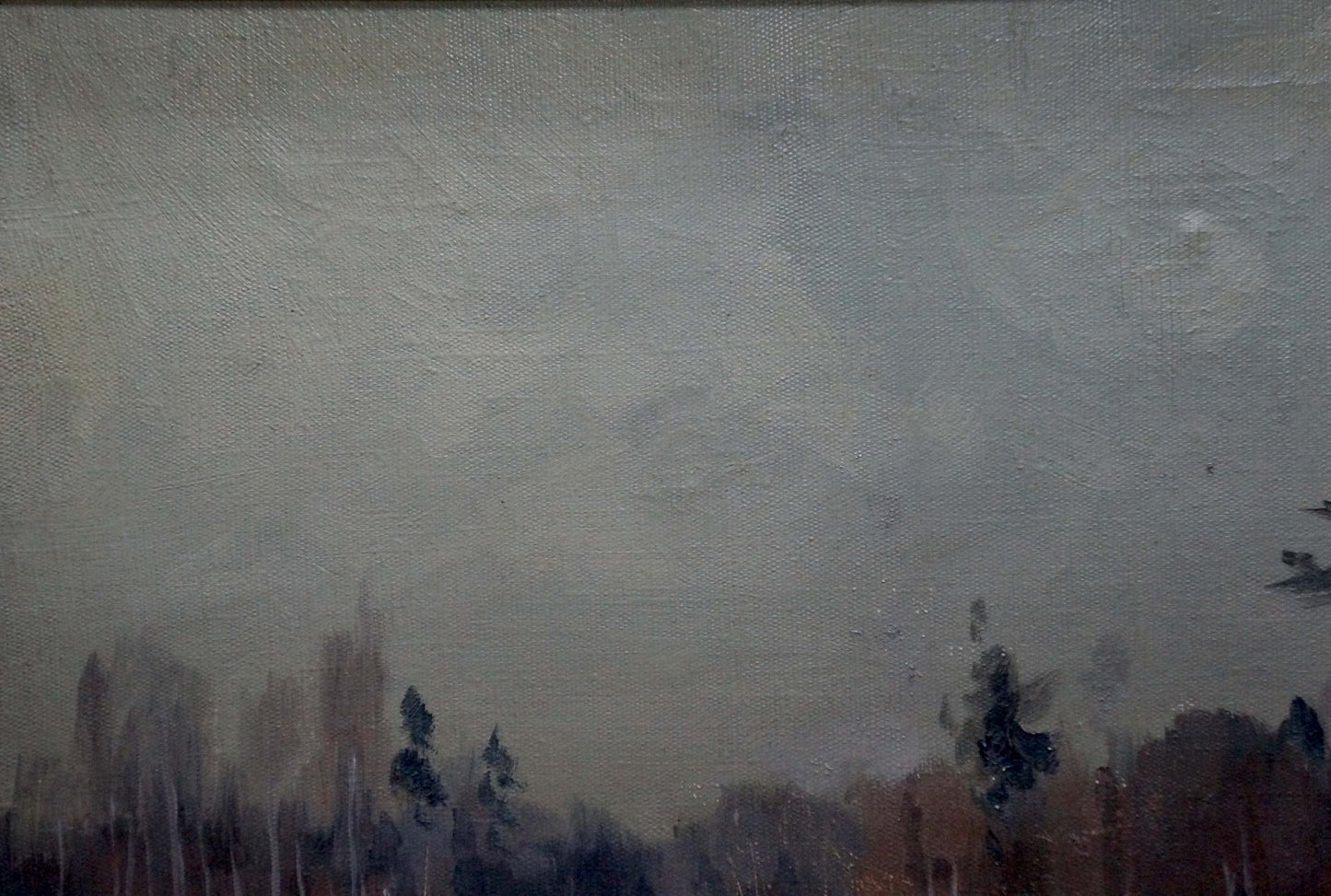 Oil painting Winter landscape by Stavropol artist, muted gray sky over silhouetted trees