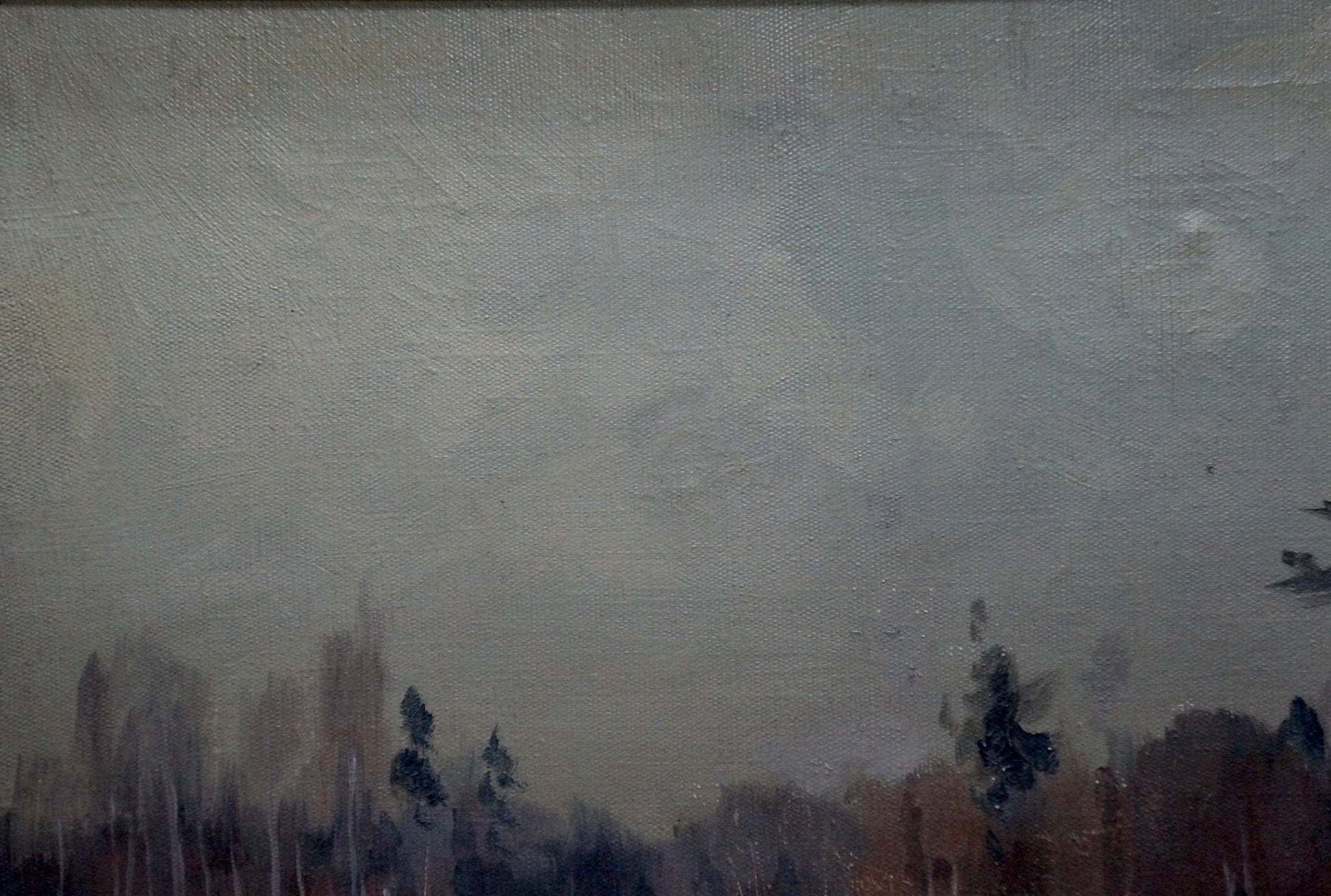 Oil painting Winter landscape by Stavropol artist, muted gray sky over silhouetted trees