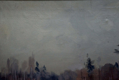 Oil painting Winter landscape by Stavropol artist, muted gray sky over silhouetted trees