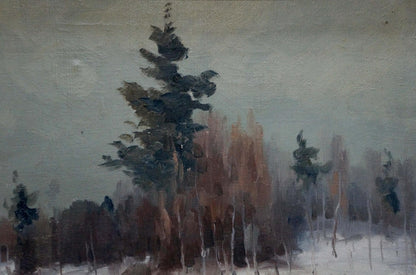 Oil painting of tall dark green pine tree in misty winter landscape by Stavropol artist