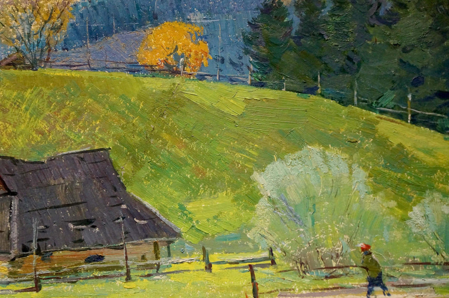 Oil painting of rustic barn in green field by Sevastyanov Viktor Grigorievich