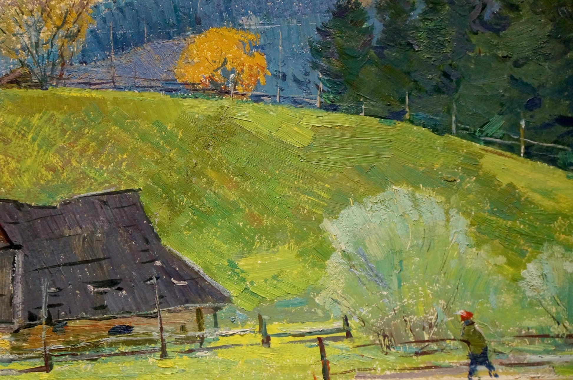 Oil painting of rustic barn in green field by Sevastyanov Viktor Grigorievich
