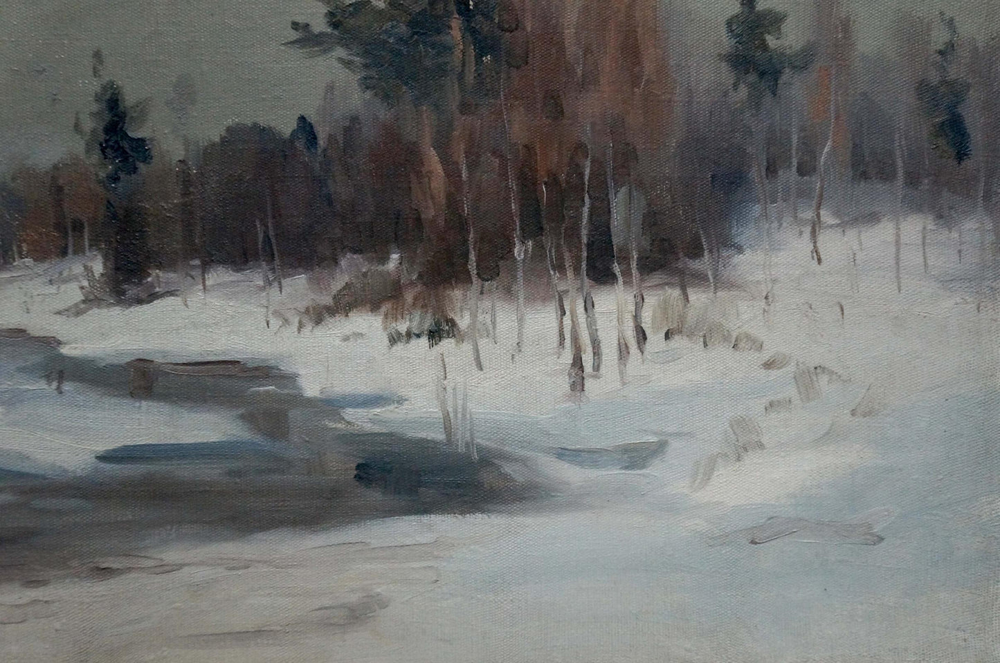 Oil painting of muted winter landscape by Stavropol artist, snowy ground and bare trees