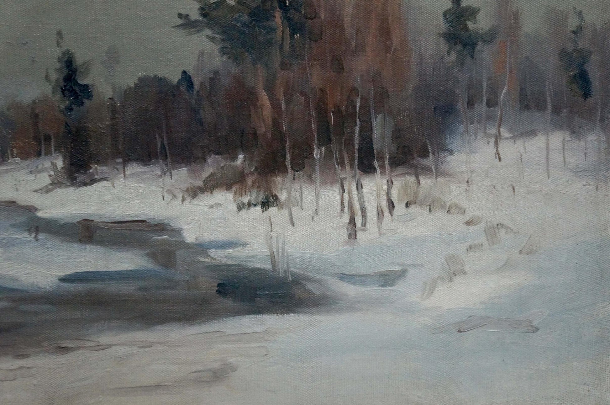 Oil painting of muted winter landscape by Stavropol artist, snowy ground and bare trees