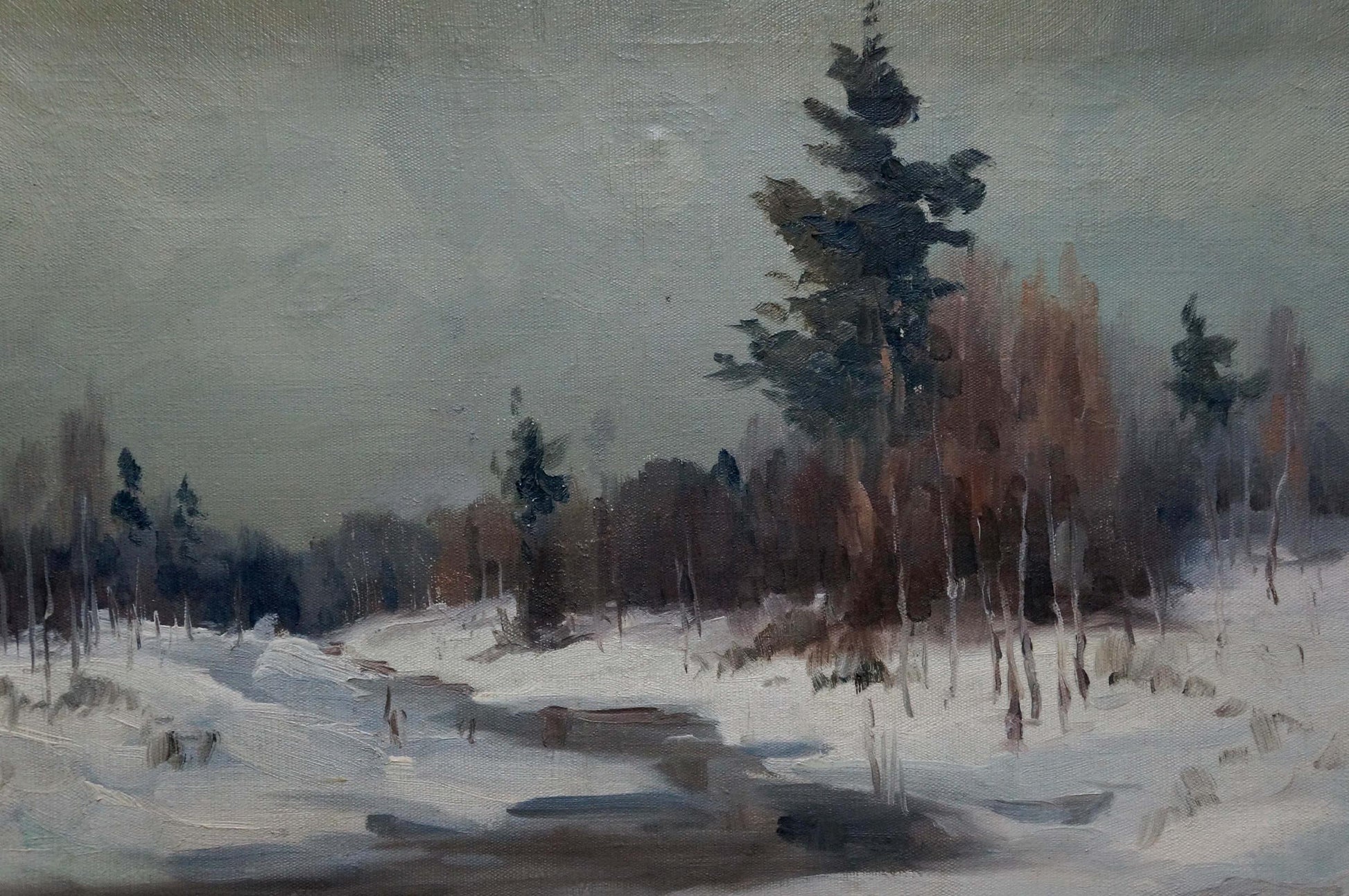 Muted oil painting of snowy winter landscape by Stavropol artist