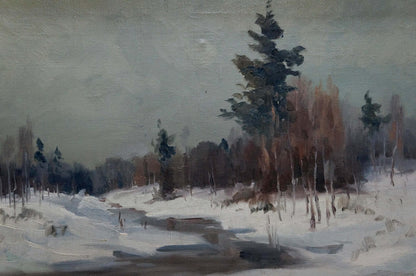 Muted oil painting of snowy winter landscape by Stavropol artist