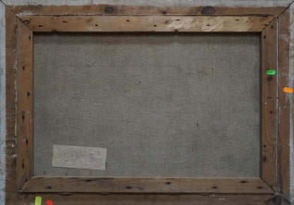 Back of Stavropol artist oil painting Winter landscape in weathered wooden frame with gray canvas and colored sticky notes