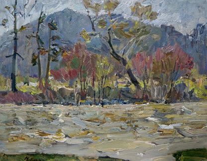 Autumn oil painting by Kokin Mikhail Alexandrovich with textured foliage and mountains