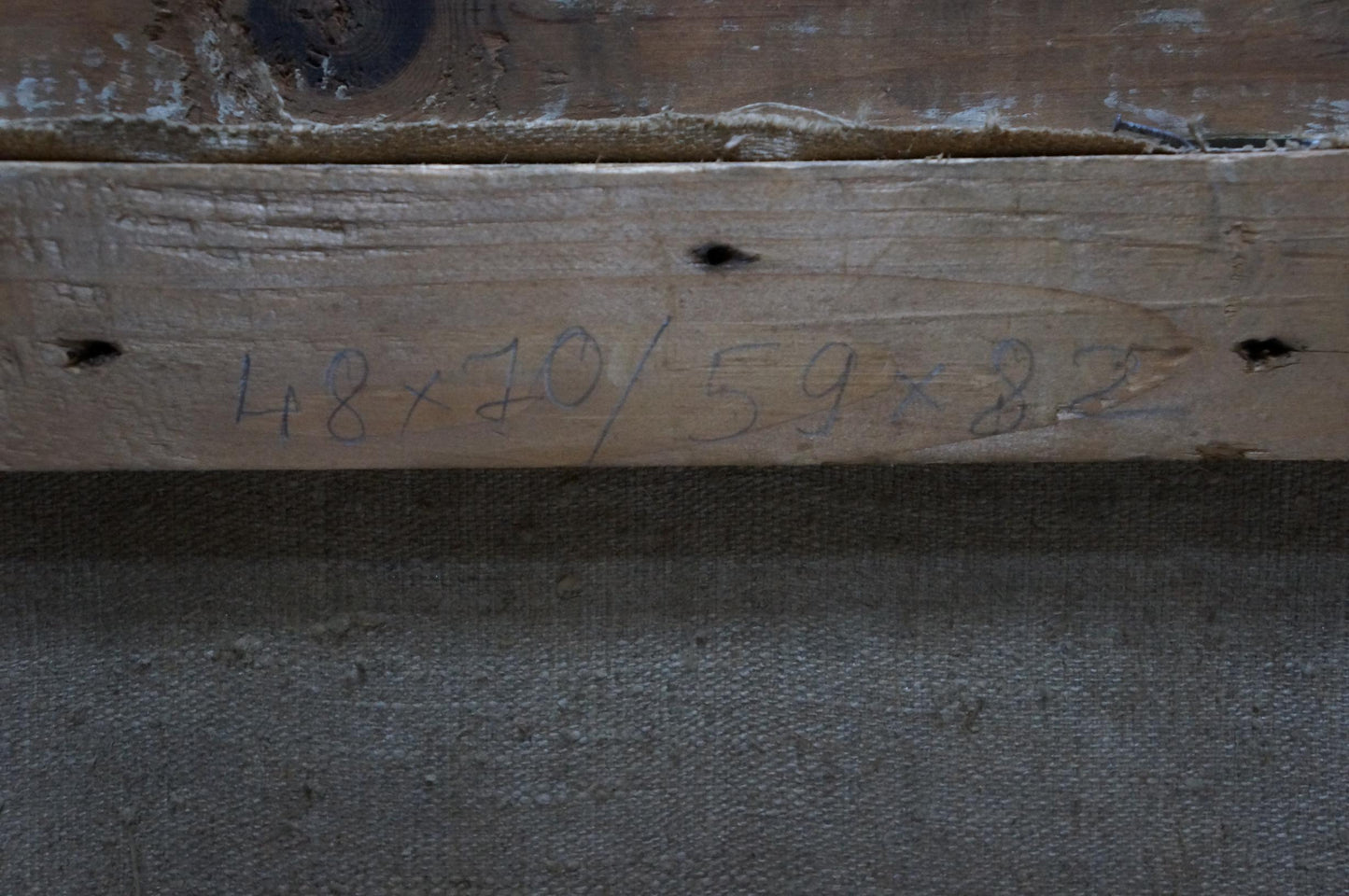 Back of Stavropol artist oil painting: weathered plank with etched measurements