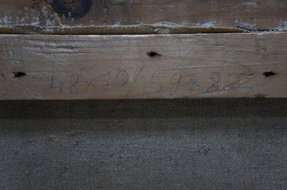 Back of Stavropol artist oil painting: weathered plank with etched measurements