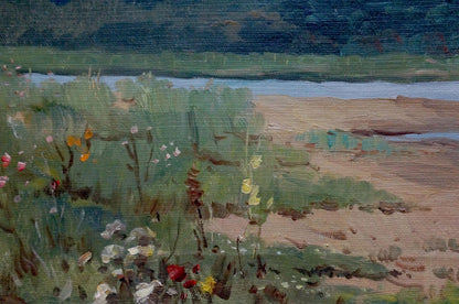 Oil painting of serene Stavropol artist riverbank with wildflowers