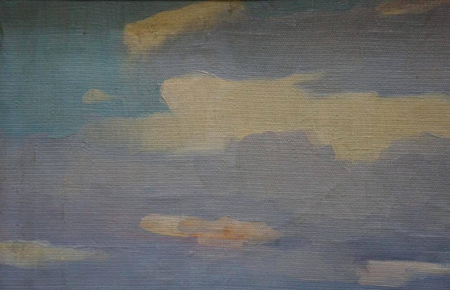 Oil painting of river landscape with blue-yellow cloudy sky by Stavropol artist