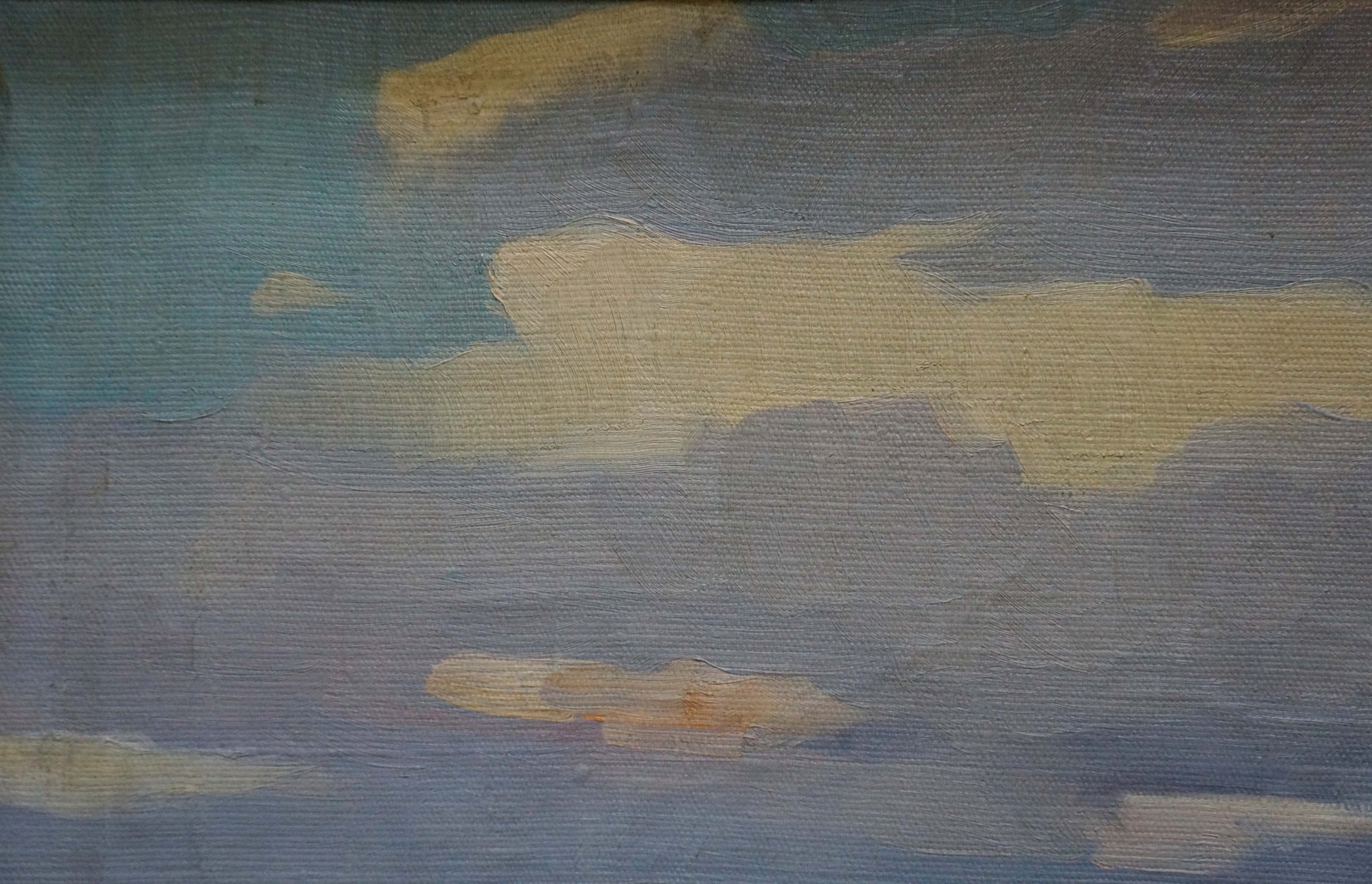 Oil painting of river landscape with blue-yellow cloudy sky by Stavropol artist